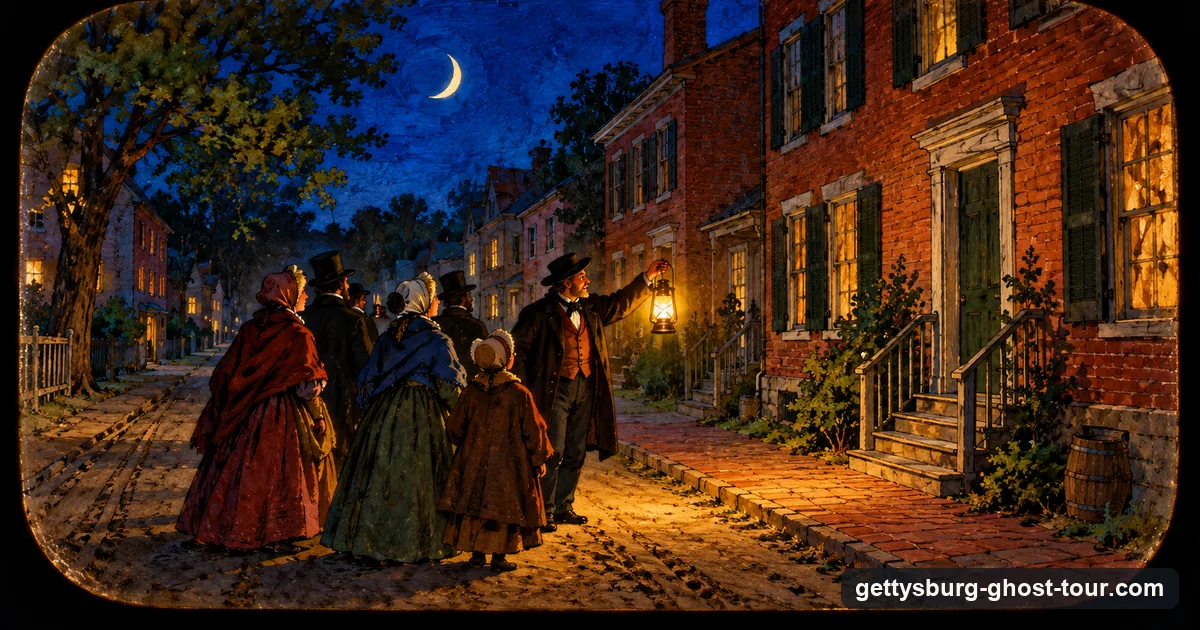Illustration as a hand-painted magic-lantern slide: a guide with an oil lantern leading a small group along a brick-house street at night