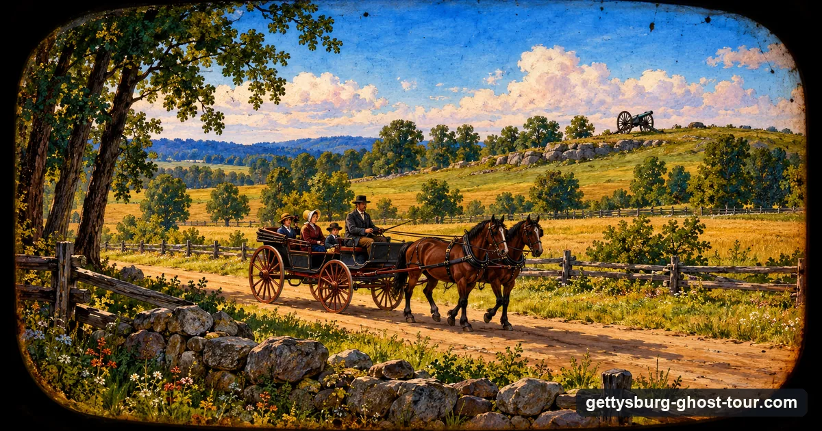 Illustration as a hand-painted magic-lantern slide: a horse-drawn carriage on a country road past fields and a cannon on a ridge