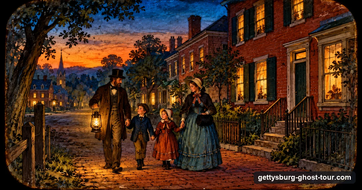 Illustration as a hand-painted magic-lantern slide: a family with an oil lantern walking past brick houses at dusk
