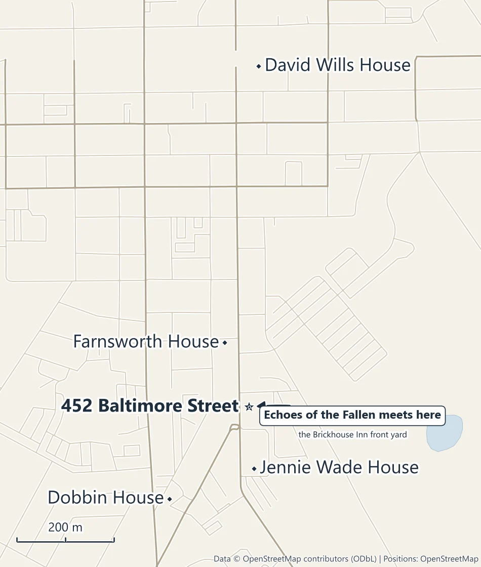 Map of downtown Gettysburg marking the 452 Baltimore Street meeting point, the Farnsworth House, the Jennie Wade House, the Dobbin House and the David Wills House