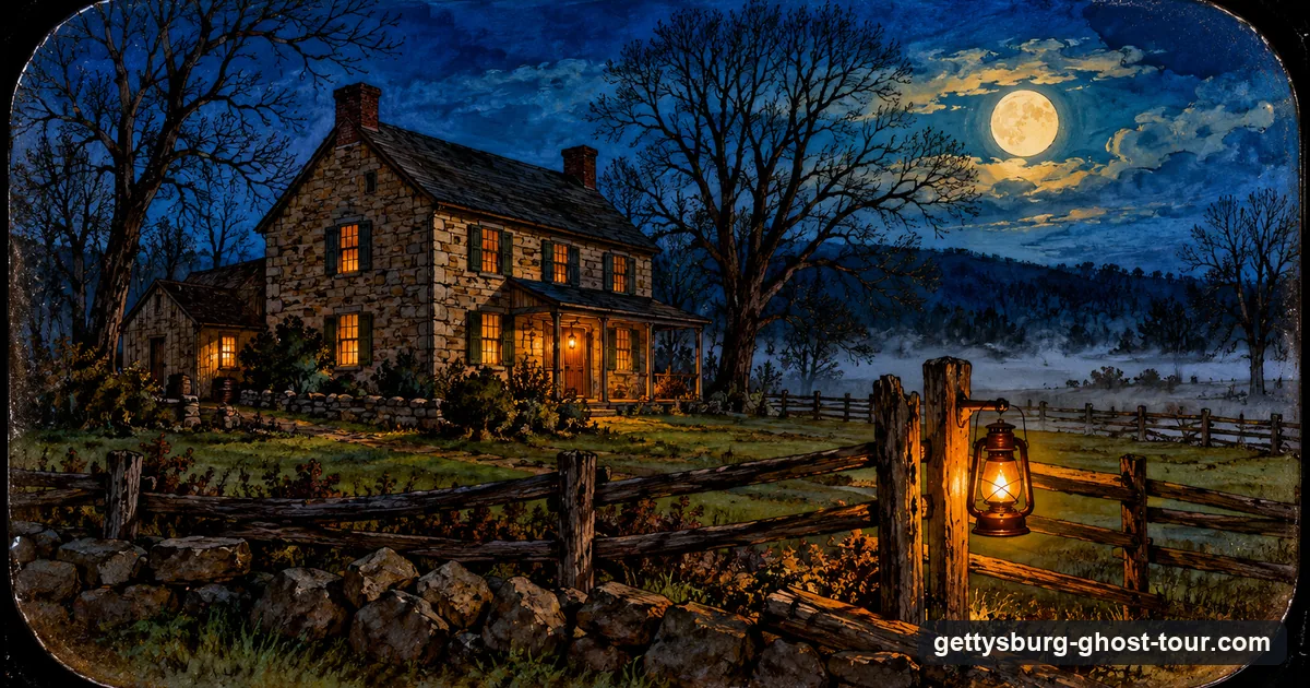 Illustration as a hand-painted magic-lantern slide: a lantern on a split-rail fence beside a stone farmhouse on a misty night