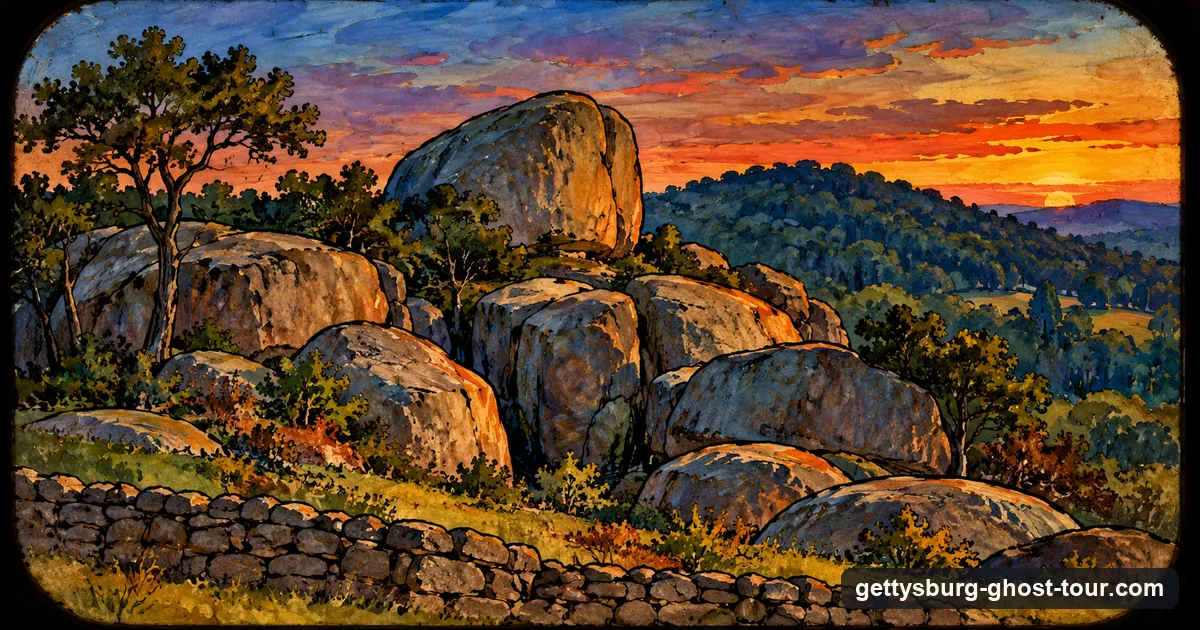 Illustration as a hand-painted magic-lantern slide: the granite boulders of Devil's Den at dusk below a wooded hill